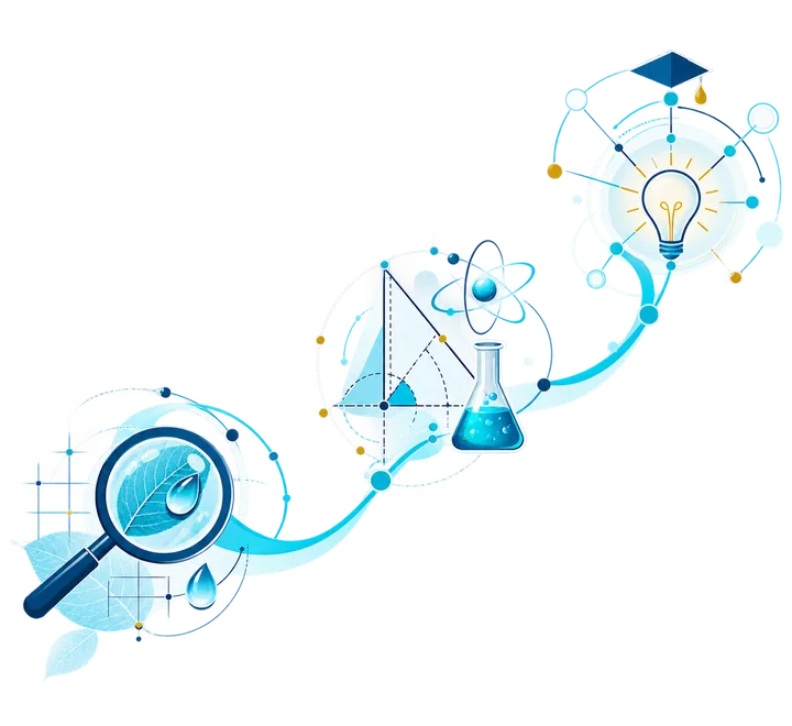 A magnifying glass over a leaf, with a path leading through a flask, a set square and an atom to a light bulb.